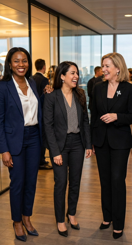Four women in business attire smiling and chatting at an indoor professional event.